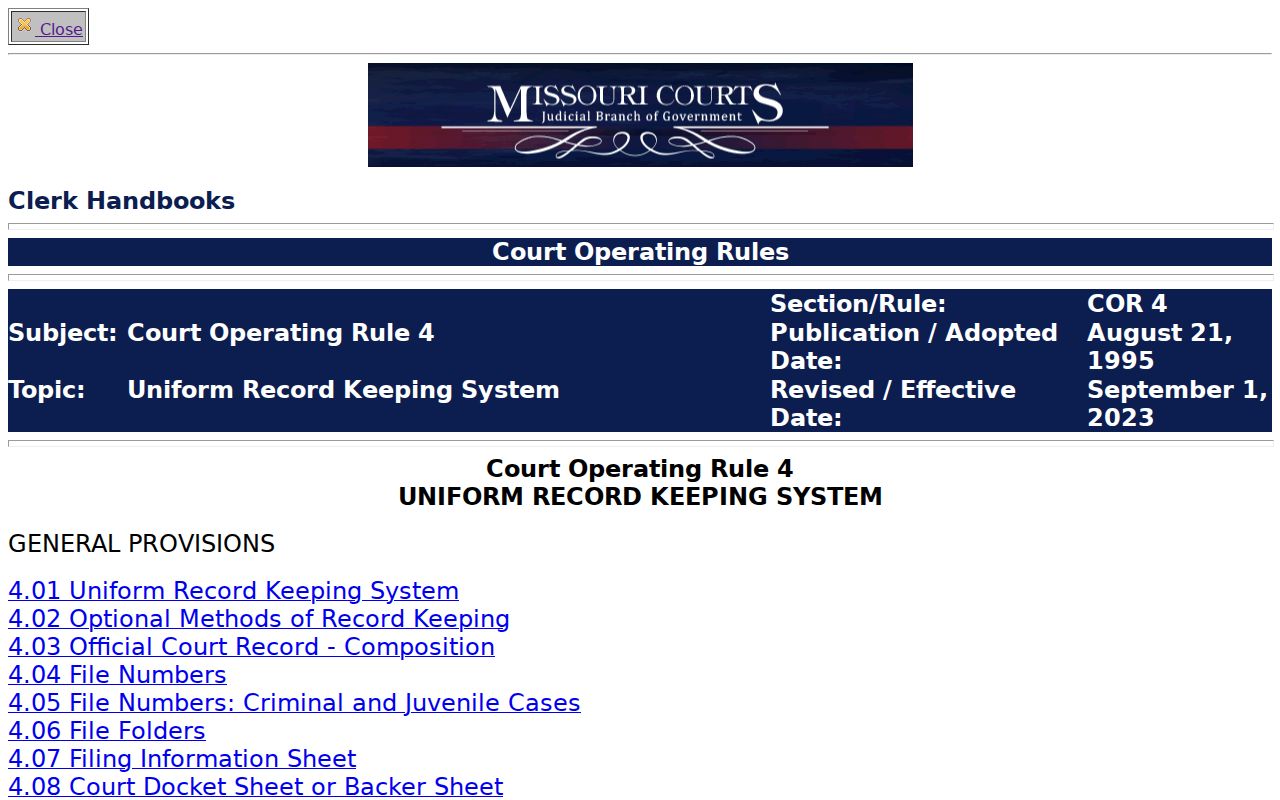 Vernon County criminal docket access under Missouri Court Operating Rule 4