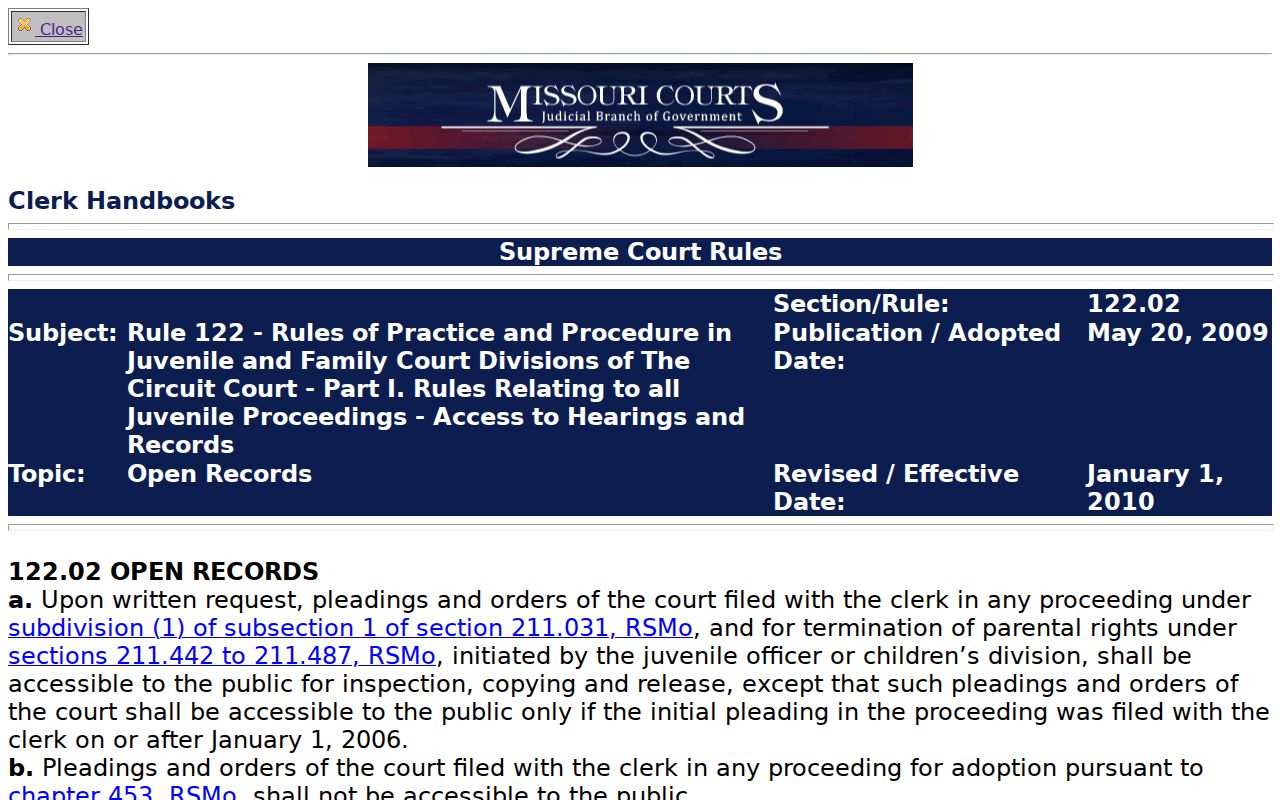 Vernon County criminal docket limits for protected juvenile and family records